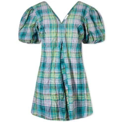 GANNI Seersucker Check V-Neck Mini Dress